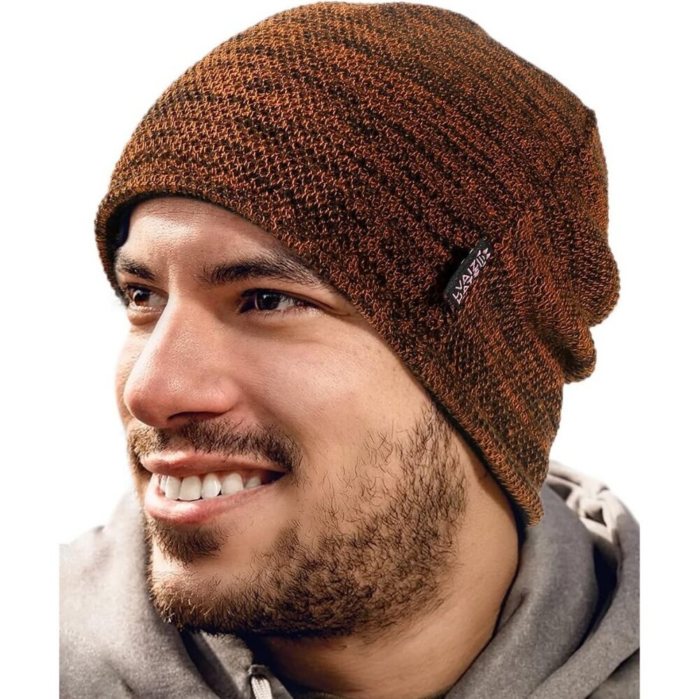 Men Dark Orange+black Lvaiz Fleece Lined Beanie Hat Windproof Winter Unisex - Picture 2 of 7